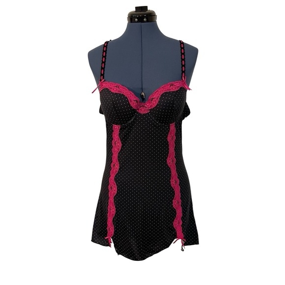Vtg Y2K Black White Polkadot Pink Lace Chemise Babydoll Cami Sexy Coquette M - Picture 1 of 9